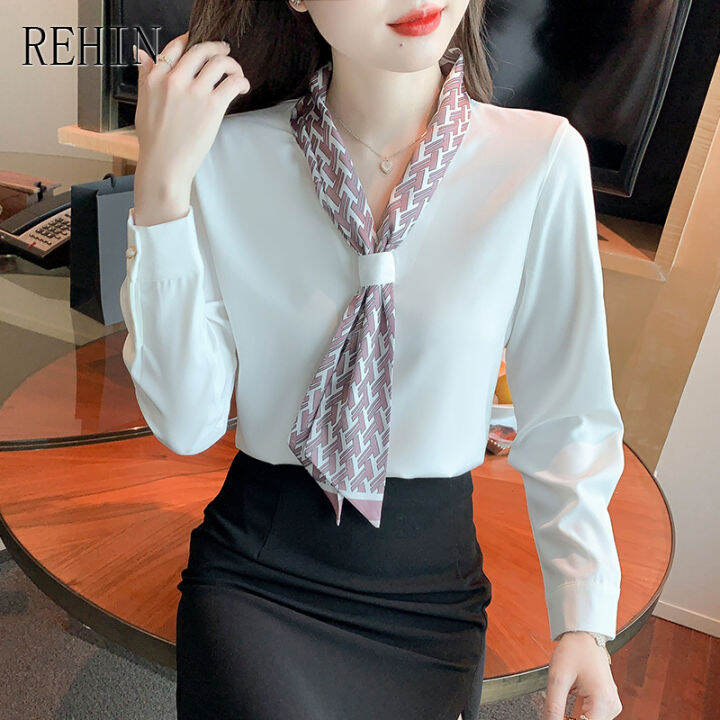 rehin-women-s-top-high-end-lace-up-long-sleeve-shirt-niche-v-neck-elegant-chiffon-blouse