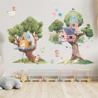 Cute big tree and wooden house wall stickers Living room bedroom childrens room kindergarten wall decoration Art murals