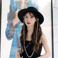 2022 New Fashion Hats for Women French Vintage Little Fragrant Lady Pearl Chain White Flat Top Hat Summer Sun womens hats