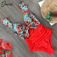 【JH】 2020 New Ruffle Piece Swimsuit The Shoulder Swimwear Deep-V Bathing Suits Beach Wear Swim