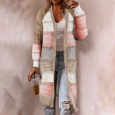 Hollow out Knit Sweater Cardigan  Women Autumn Solid Color Long Sleeve Sweater Jacket Coat Female open stitch blue Sweater
