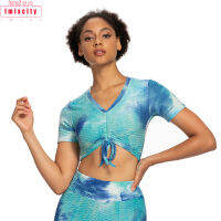 IMIXCITY Women Workout Top Slim Ink Tie-Dyed Drawstring Jacquard V คอแขนสั้นชุดโยคะ