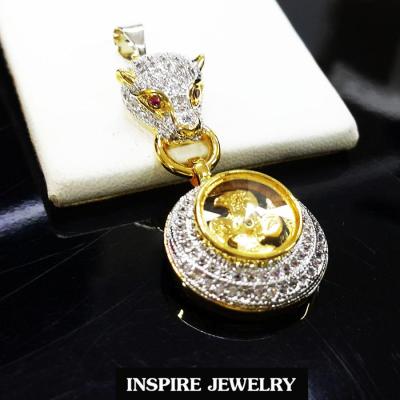 INSPIRE JEWELRY จี้กังหันล้อมเพชรสวิส รูปหัวเสือตาแดงทับทิมชาตั้มงานดีไซด์ ปราณีต สวยงาม กังหันหมุนดี  งานจิวเวลลี่ gold plated / diamond clonning