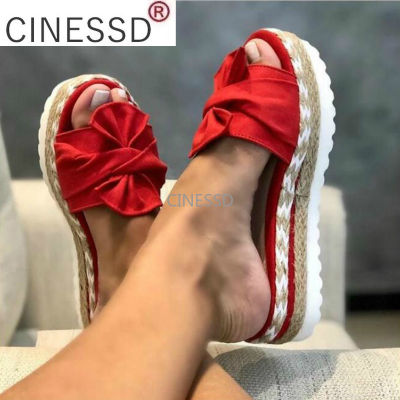 Women Slippers Summer 2022 Platform Wedges Mid Heels Bow Tie Peep Toe Fashion Slides Beach Outdoor Ladies Shoes Zapatos De Mujer