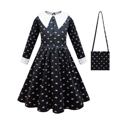 ♂♂ Wednesdays Dress Costumes for Girls 2023 Children Gothic Dresses Addam Family Cosplay Outfits Halloween Costume Crossbody Bag