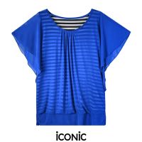 iCONiC BLUE STRIP NET TOP #9048 เสื้อผญ ผ้ายืด ลายทาง ทรงหลวม ซ้อนตาข่าย ใส่ได้ตั้งแต่ S-XL ยาว24" เสื้อแฟชั่น เสื้อพิมพ์ลาย เสื้อไฮโซ เสื้อออกงาน