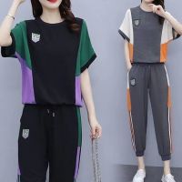 【DT】hot！ Womens 2023 And New Fashion Splicing Short Sleeve Crop Top Leggings Pants Piece Set