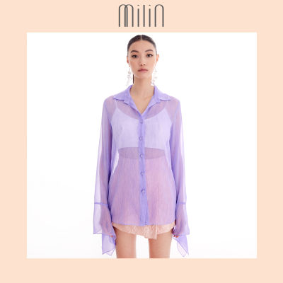 [MILIN] Sheer long sleeves flouncy cuff button shirt เสื้อเชิ้ต ผ้าชีฟองโปร่ง คอปก แขนยาว แต่งระบายช่วงปลายแขน Negros Top Pink/ Purple/ Yellow/ Beige