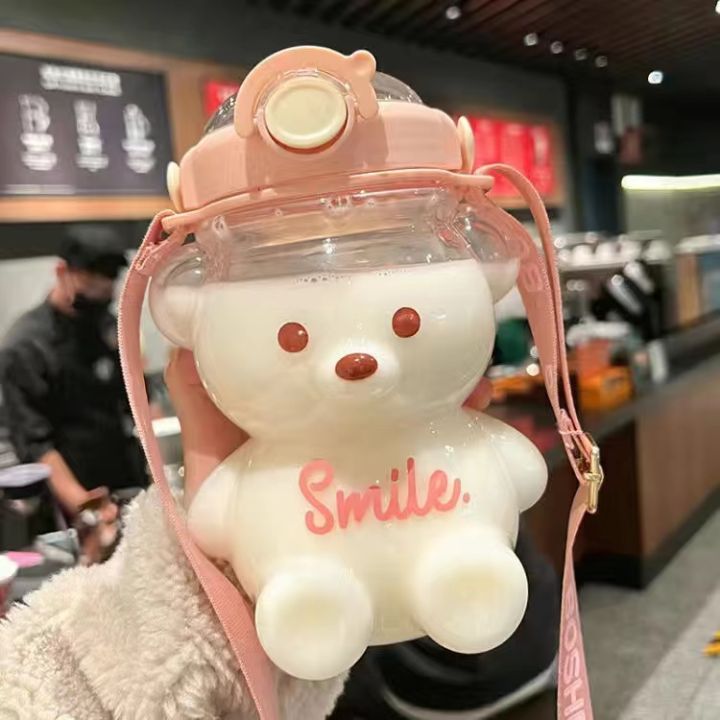 1000/1400ml Cute Bear Water Bottle With Straw Plastic Kawaii Water Jug  Juice Milk Bubble Tea Portable Gym Drink Bottle BPA Free