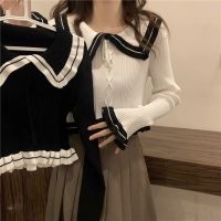 Contrast Color Doll Collar Long-Sleeved Sweater Early Autumn Tops For Women New Design Niche Korean Style Short Bottoming Shirt