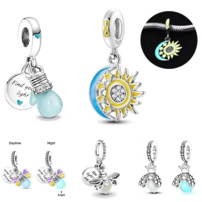 Noctilucent Charm Amulet 925Silver Luck Bead Fireflies &amp; Light Bulb Pendant Fit Original สร้อยข้อมือสร้อยคอเครื่องประดับ Trinket