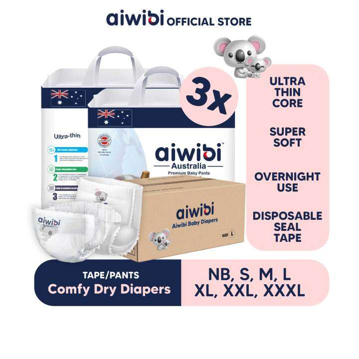 Aiwibi Comfy Dry Diapers Tape Pants - S/M/L/XL/XXL/XXXL (3's X Packs ...