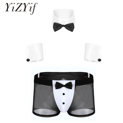 Waiters Role Play Sexy Gay Men Lingerie Set Adult Dancer Costume Bowknot Collar Cuffs With Mesh Briefs Back Rabbit Ear Underwear