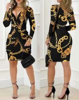 【YF】 Dresses for Women 2023 Vintage Plunge Long Sleeve Wedding Guest Baroque Chain Print Twist Detail Skinny Sexy Party Mini Dress