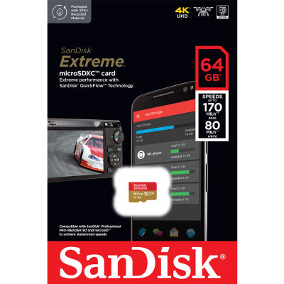 SanDisk Extreme microSD SDXC UHS-I A2 64GB (SDSQXAH-064G-GN6MN) อ่าน 170MB/s เขียน 80MB/s กล้องแอคชั่น โทรศัพท์ แท็บเลต