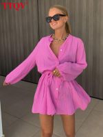 TTQV Casual Pink Lapel Dresses For Women 2023 Elegant Long Sleeve Lace-up Dresses Fashion Single-breasted Mini Dress Streetwear