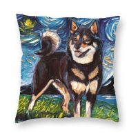 [FAZOZO Home Textile Store] สีดำและสีแทน Shiba Inu คืนปลอกหมอนอิงภาพวาดสีน้ำมันสุนัขที่มีสีสันนุ่มนอร์ดิกโยนปลอกหมอนสำหรับโซฟาตกแต่งบ้าน