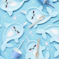 ◑✕ Cute Blue Ocean Unicorn Dolphin Paper Plate Happy Summer Birthday Party Decor Under The Sea Party Supplies Kids Girl Favor