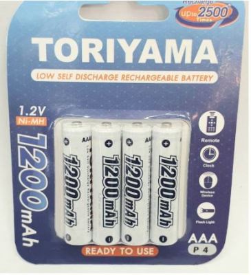 ถ่านชาร์จ TORIYAMA NEW AAA 1200 mAh ชาร์จ 2500 ครั้ง จำนวน 4 ก้อน ผลิต 2019/06