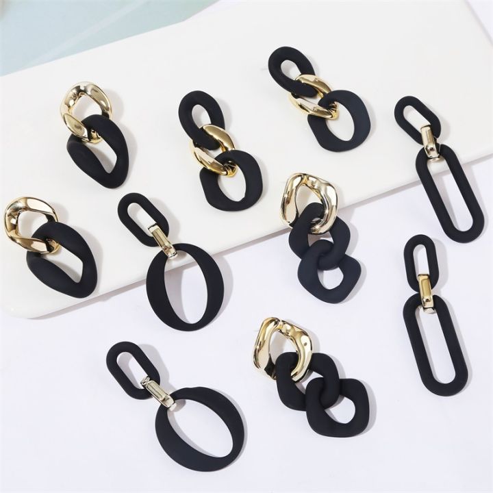 new-design-vintage-gold-soft-matte-black-acrylic-chain-clip-on-earrings-for-women-oval-geometric-long-no-hole-ear-clips-jewelry