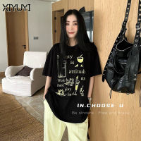 XIYUYI เสื้อยืดแขนสั้นยาวปานกลางลายพิมพ์กราฟฟิตีตัวอักษรเวอร์ชันเกาหลีฤดูร้อน2023ของผู้หญิง