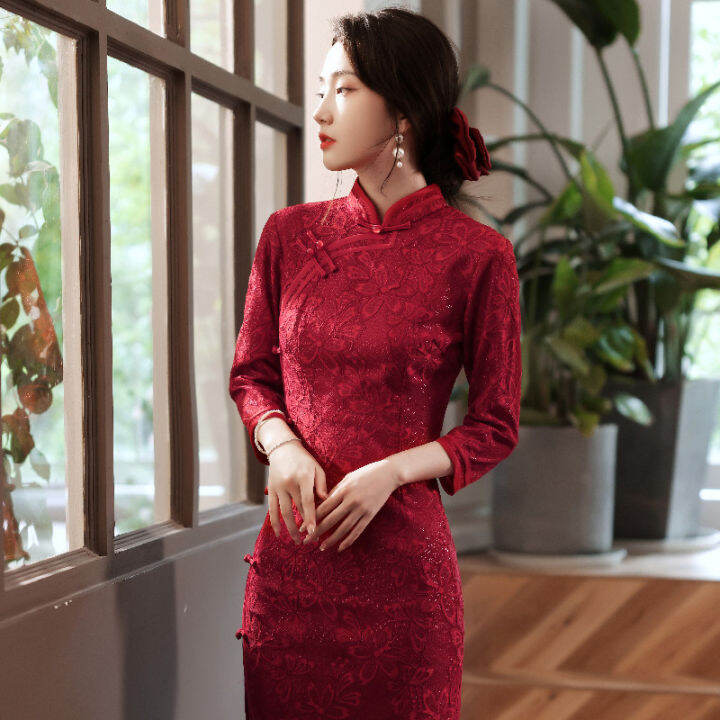 2021-composite-lace-burgundy-cheongsam-ชุด-retro-ปรับปรุงจัดเลี้ยงชุดเพื่อนเจ้าสาว-cheongsam