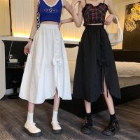 g2ydl2 【TG-youzan】 Skirt High Waist A- line Umbrella Skirt 2023 Summer Student Mid-Length Bow Split Irregular Solid Color Dress TtD1