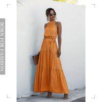 【YF】 Elegant Flowers Polka-dot Print Neck-mounted Dress Woman 2023 Trendy Summer Sexy Beach Long Robe Strap Boho Bandage Clothing New