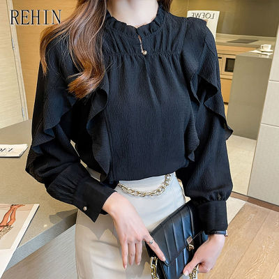 REHIN เสื้อเชิ้ตแขนยาวคอปกสูงสำหรับผู้หญิง,เสื้อเบลาส์สีขาวล้วนแบบใสเล็กน้อย