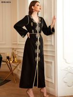 ชุดภาษาอาหรับดูไบและปาร์ตี้ตุรกีคอวีเทปตัด rhinestone ชุดเข็มขัด Kaftan abaya ผู้หญิงมุสลิม