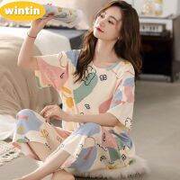 Wintin 2023 TikTok plus Size Pajamas Summer Cool Short-Sleeved Cropped Pants Cute Cartoon out Internet Celebrity Homewear Suit