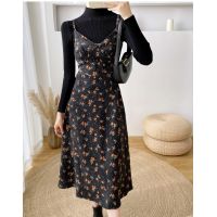 Women Print Dress High Waist Autumn Winter Corduroy V-neck Slim Halter Dresses Korean Style Vintage All-match Dress Sweet