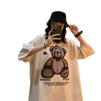 เสื้อยืดแขนสั้นลายการ์ตูนหมีสำหรับผู้ชายผู้หญิง,เสื้อยืดคู่รักลำลองทรงหลวมพิมพ์ลายหมีสำหรับฤดูร้อน