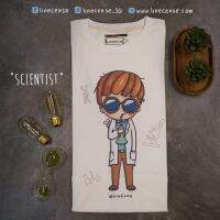 "Scientist boy and girl" Off-white T-shirt เสื้อยืดสีขาวออฟไวท์ ลายนักวิทยาศาสตร์