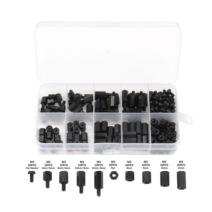 180pcs-lot-m3-female-male-white-amp-black-hex-nylon-standoff-spacer-column-for-pcb-motherboard-fixed-plastic-spacing-screws-set-nails-screws-fasteners