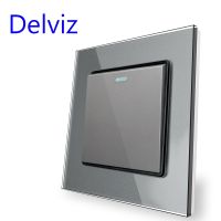 Delviz Toughened Glass Switch Gray Crystal Panel 16A Wall Power Socket AC 110V-250V 86mmx86mm 1 Gang 2 Way Push Button Switch