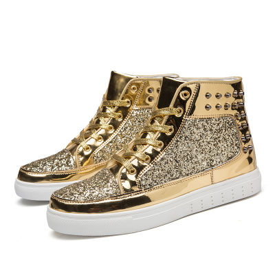 Fashion Brand Gold Luxury Glitter Shoes Men High top Sneakers Sequin Streetwear Hip Hop Mirrors Sneakers chaussures homme