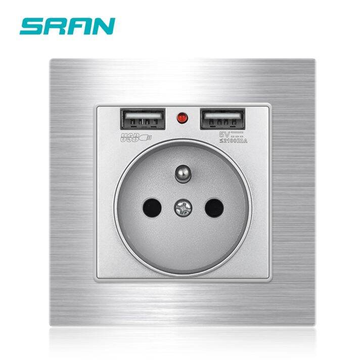 sran-16a-french-usb-wall-socket-with-usb-plug-2-1a-aluminum-alloy-brushed-panel-86mm-86mm-electrical-outlets-for-home-appliance