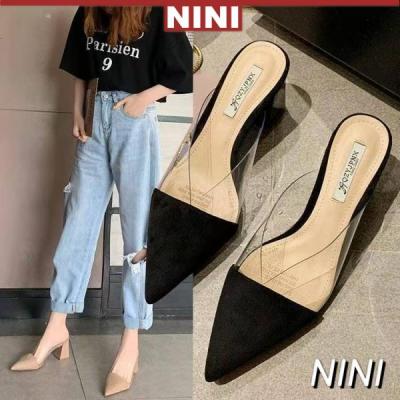 ✢□ Pointed Half Slippers Fashionable Thick Heel Mules High Heel Slippers【NINI】