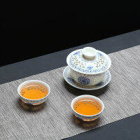 ที่สวยหรูสีฟ้าและสีขาวเซรามิก Gaiwan ชุดน้ำชา,1pot 2cup หาตัวจับยากไกวันชาถ้วยพอร์ซเลนจีนชุดน้ำชากังฟู