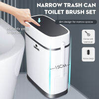 2 IN 1 Slim Plastic Trash Can With Toilet Brush Holder Toilet Narrow Garbage Bin Press Style Bathroom Garbage Bin