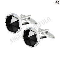 ANGELINO RUFOLO Cufflink(คัฟลิงค์) ดีไซน์ Onyx Carat กระดุมข้อมือคัฟลิ้งโรเดียมคุณภาพเยี่ยม ตัวเรือนสีเงิน ประดับตกแต่งด้วย Onyx