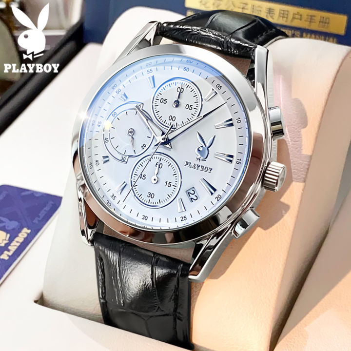 ขายร้อน-playboy-นาฟิกาผู้ชาย-2023-ของแท้-นาฬิกาข้อมือ-chronograph-แบบมัลติฟังก์ชั่นหนังกันน้ำ