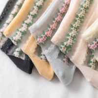 Flesh Colorful Striped Daisy Sheer Tulle Socks Floral Women Nylon Ruffle White Silk Glass Socks Lace Elastic Ultra Embroidered Mesh Socks