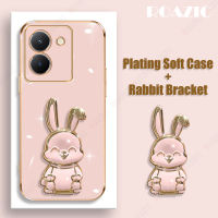 ROAZIC Y27เคสสำหรับ VIVO เคลือบอิเล็คโทรเพลท5G ปลอกกันกระแทกขาตั้งฝาหลังรูปกระต่ายพับได้น่ารัก