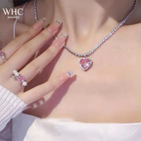 WHC Jewelry สร้อยคอจี้หัวใจคริสตัลสีชมพูโซ่เพทายเทนนิสเป็นประกายสำหรับผู้หญิงดีไซน์หรูหราใหม่