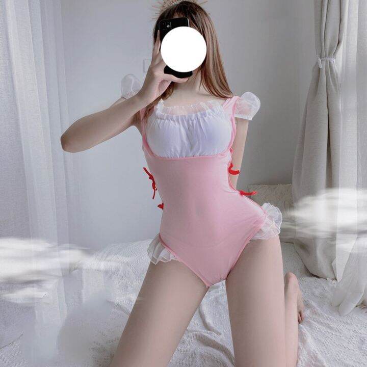 Japanese Cute Pink Anime Sexy Womens Open Crotch Bodysuit Maid Cosplay