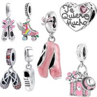 925 Sterling Silver Shiny Pendant Pink Ballet Skates Shoes Bracelet Heart Beads Charms Dangle Jewelry Making For Woman Hot Sale