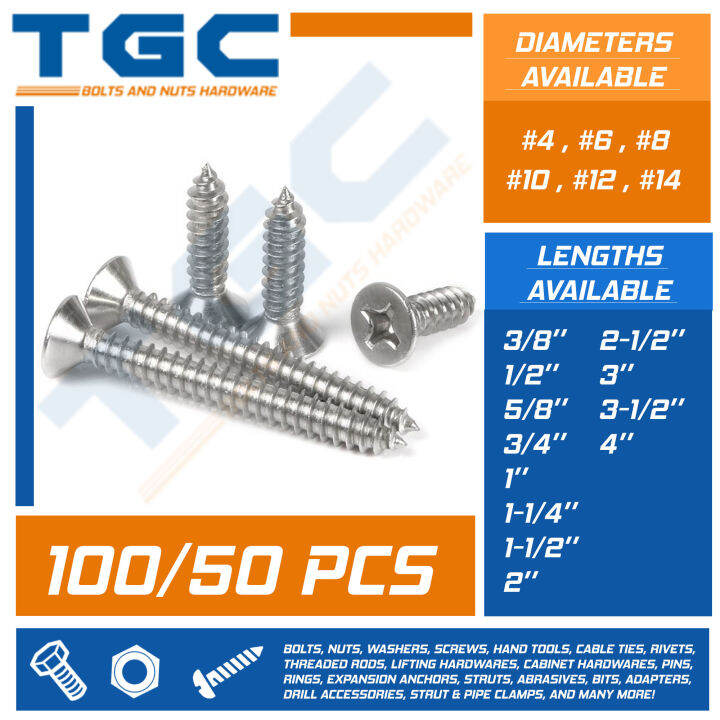 100/50PCS 4 5 6 8 10 12 14 SS Flathead Metalscrew / Stainless