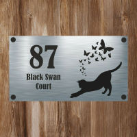 Black Cat Silhouette - Aluminium House Sign Personalised - Any Text Required